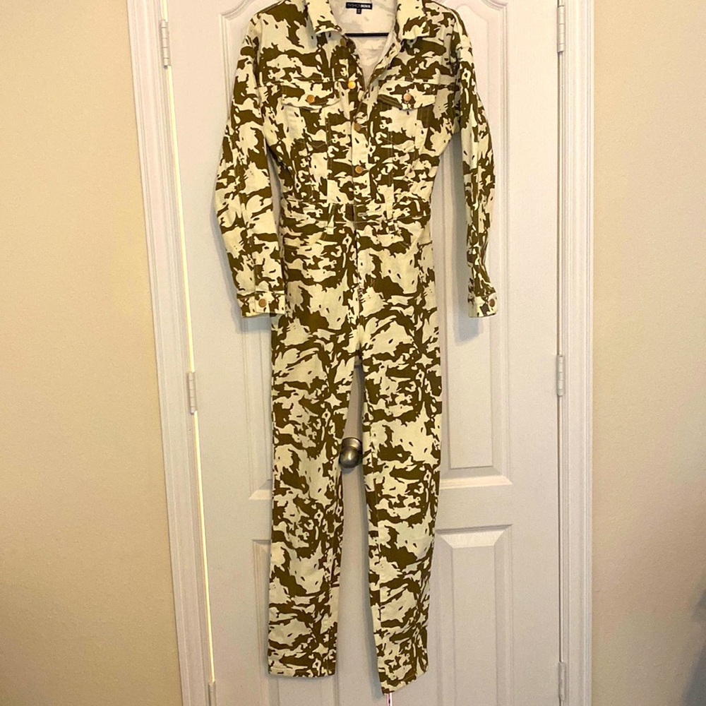 Cow print denim jumpsuit